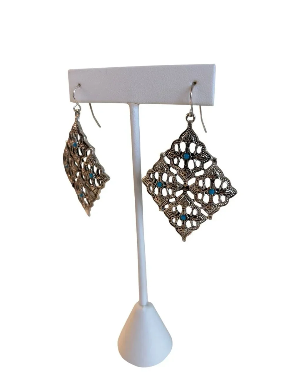 Antique Style Silver Toned Filigree Diamond-Shaped Earrings w/Turquoise Accents.